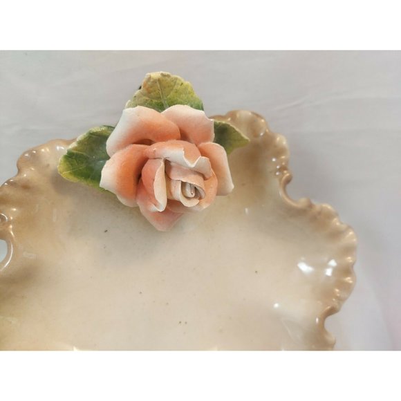 Vintage Porcelain Leaf Shape Dish w/Applied Rose Capodimonte Style 8" - Picture 4 of 10